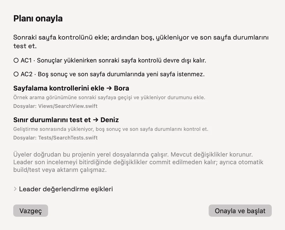 Arenor plan onayı ekranında iki örnek görev ve kabul ölçütleri