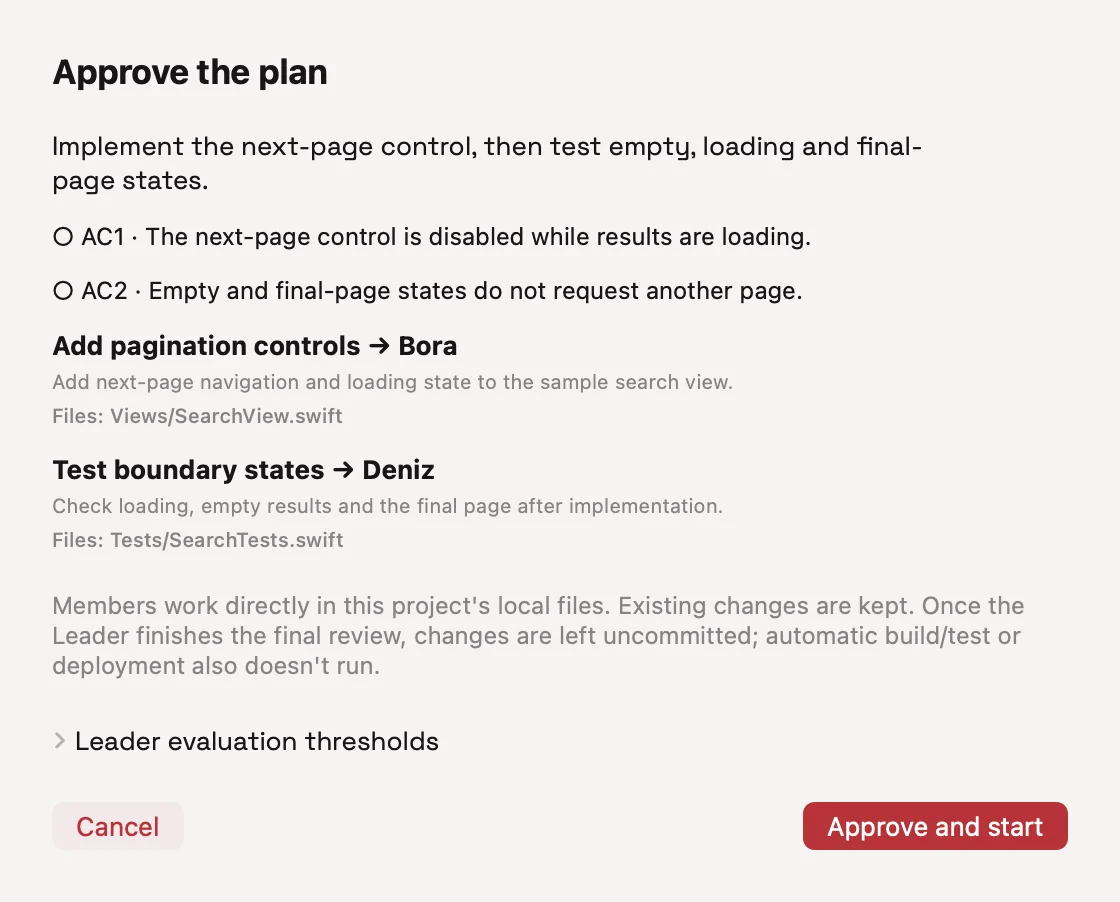 Arenor plan approval screen with two demo tasks and acceptance criteria